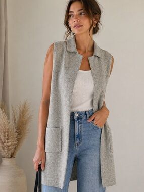 Monteau Women’s Gray Sleeveless Knit Long Vest Cardigan Size Large